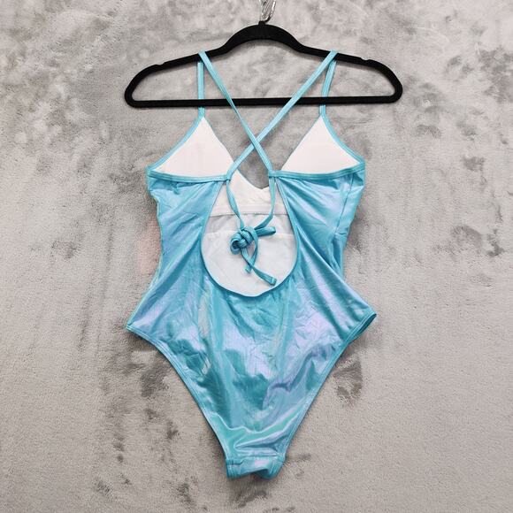 SHEKINI Swimsuit Womens S Blue Metallic V-Neck Crossback One Piece Shiny Mermaid - Picture 2 of 11